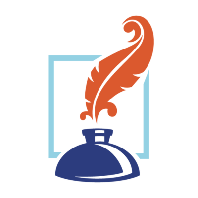 A logo of a stylized quill with an apostrophe in an inkwell, surrounded by a thin box.